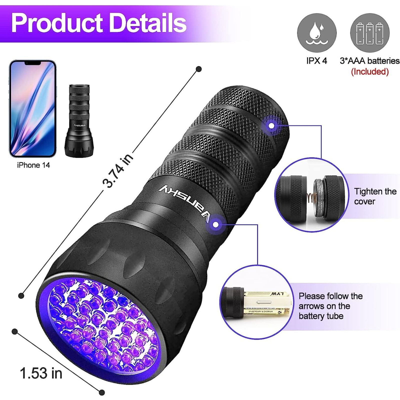 Handheld Blacklight Ultraviolet Flashlight 